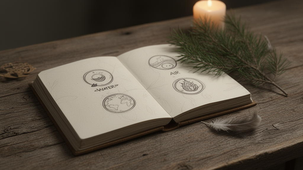 An open handmade journal on a wooden table with hand-drawn symbols for earth, water, fire, air, and ether beside a candle, a pine sprig, and a feather.