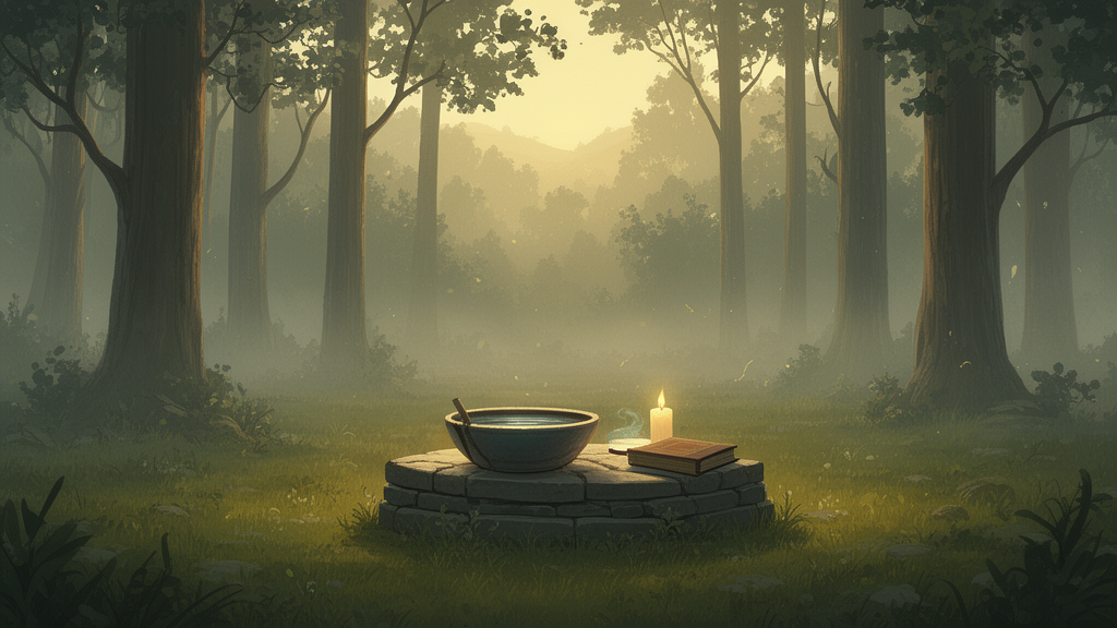 A misty forest clearing at dawn with a small stone altar holding a bowl of water, a lit candle, and a closed book.