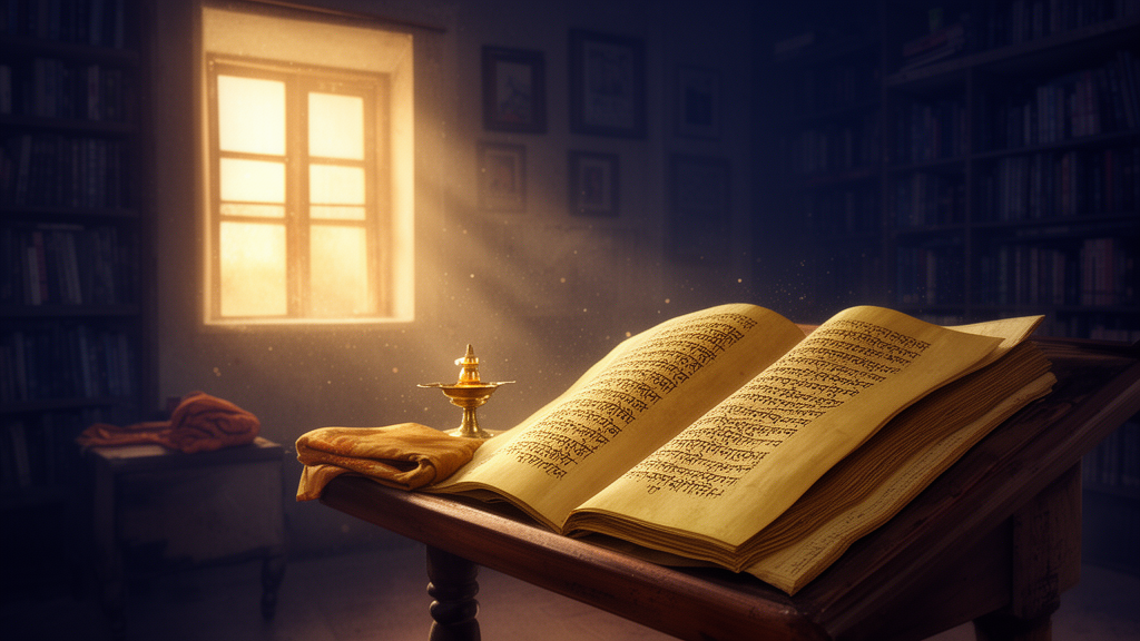 An open palm-leaf manuscript resting on a wooden lectern beside a small brass lamp in a quiet monastery library with soft morning light.