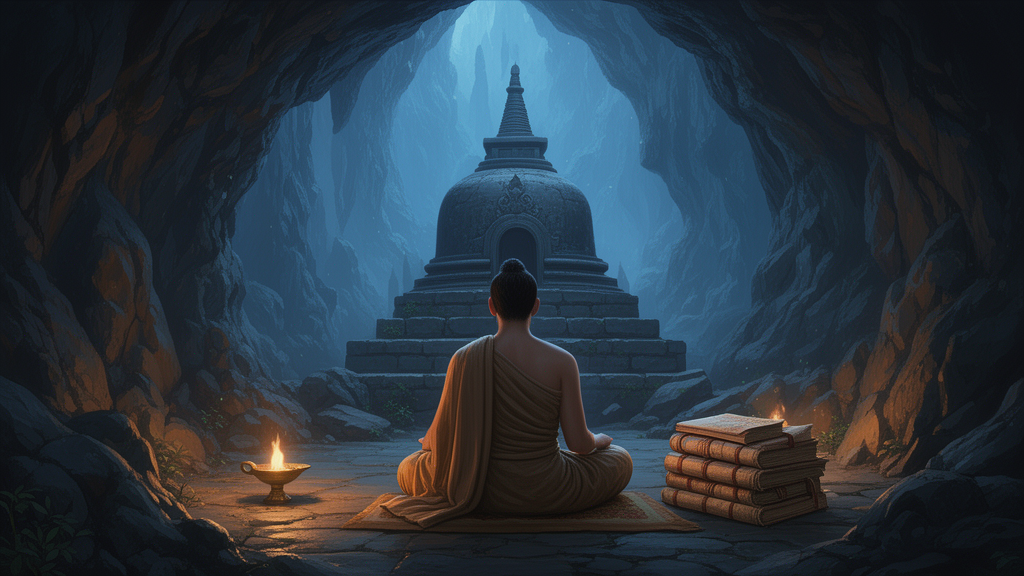 A seated practitioner in plain robes meditates in a stone shrine with a small stupa and stacked manuscripts in warm lamplight.