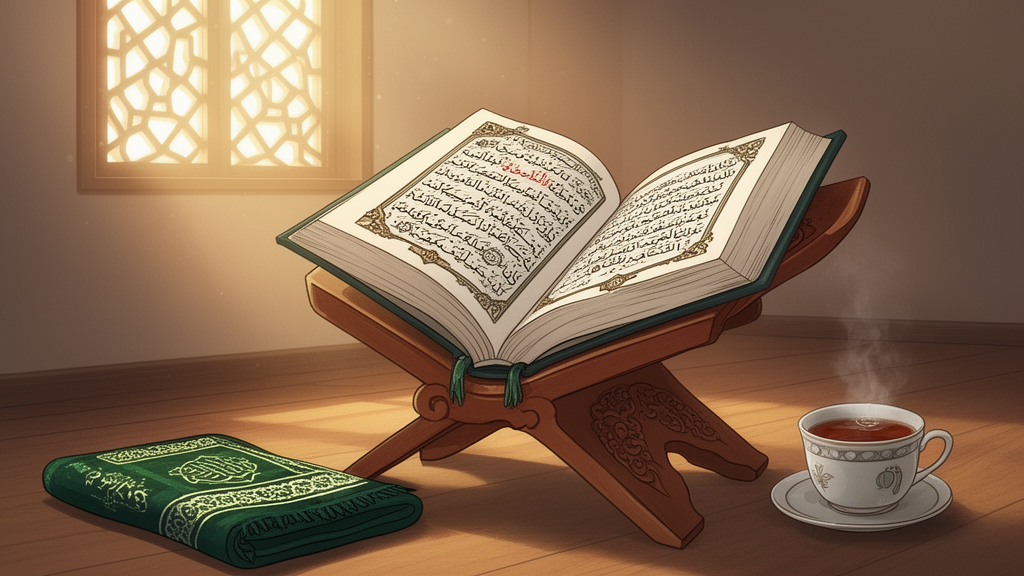 An open manuscript on a wooden reading stand in a sunlit room with a folded prayer cloth beside it, showing abstract decorative lines instead of readable words.