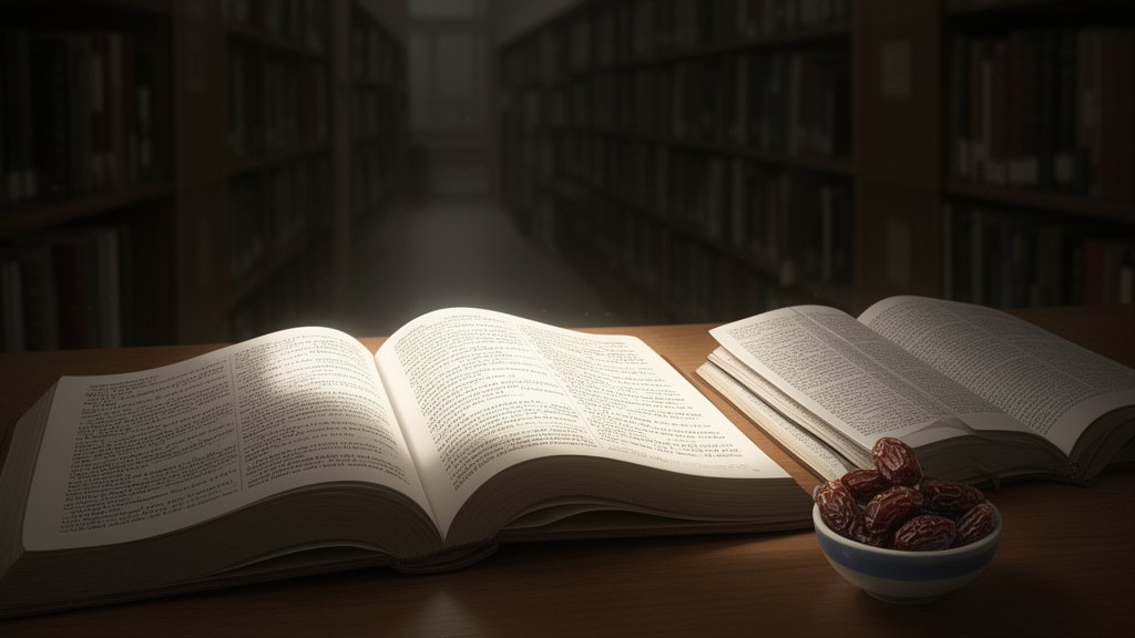 A study desk with an open book, a notebook, and a dictionary in a quiet library, suggesting careful reading and comparison of translations.