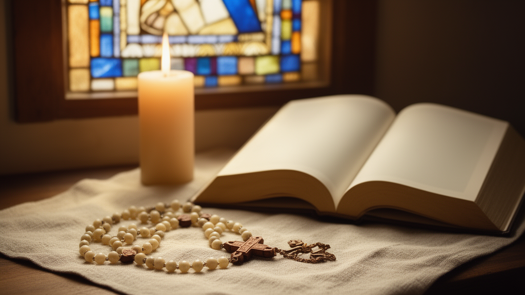 An open wooden Rosary with pale beads resting on a linen cloth next to a lit candle and a blank open book, illustrating a quiet Catholic prayer setting.