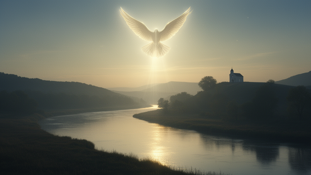 A dawn river landscape with soft light on the water and a dove-shaped light in the sky, with a small chapel on a distant hill, illustrating the Baptism of Jesus in the Luminous Mysteries.