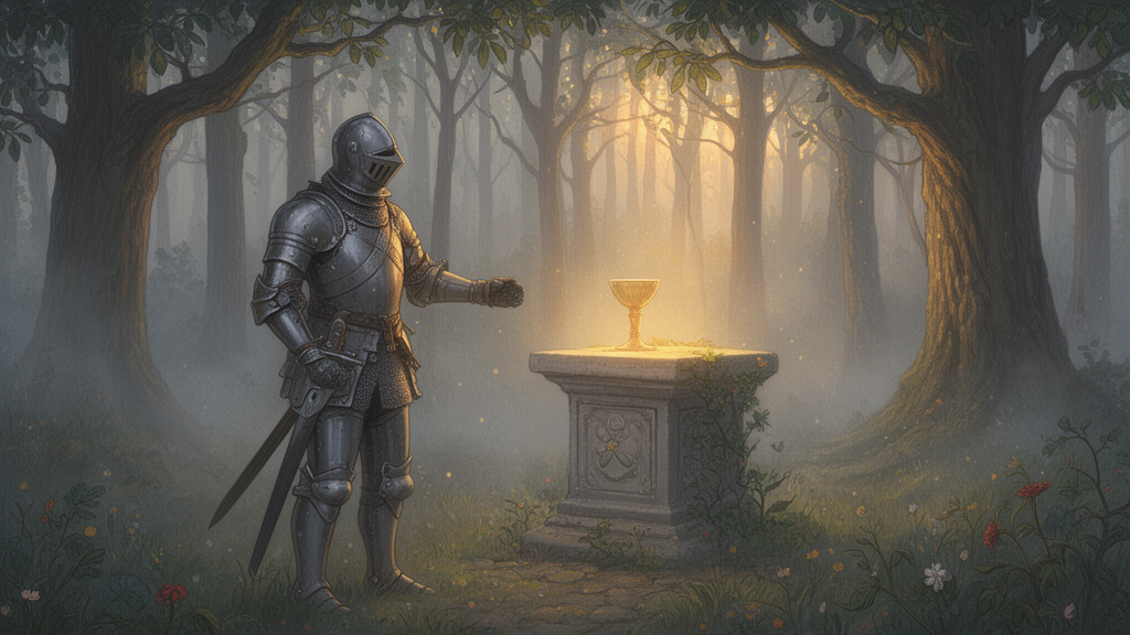 A medieval-style painting of a knight approaching a glowing chalice on a stone altar in a misty forest at dawn.
