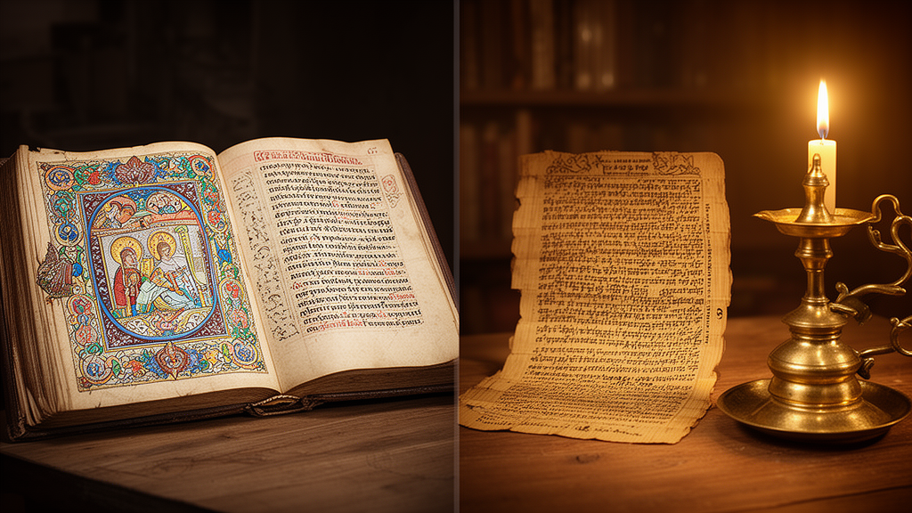 An scene of an open manuscript beside a palm-leaf manuscript and a brass lamp on a wooden table.