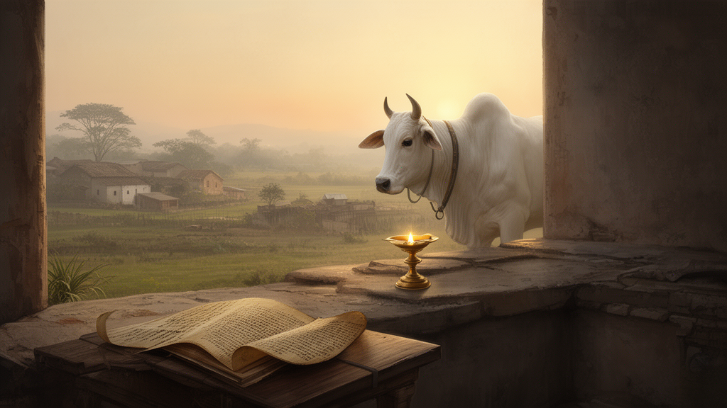 A white cow stands near a small brass oil lamp at dawn in a quiet village, with an open palm-leaf manuscript on a stone ledge in the foreground.