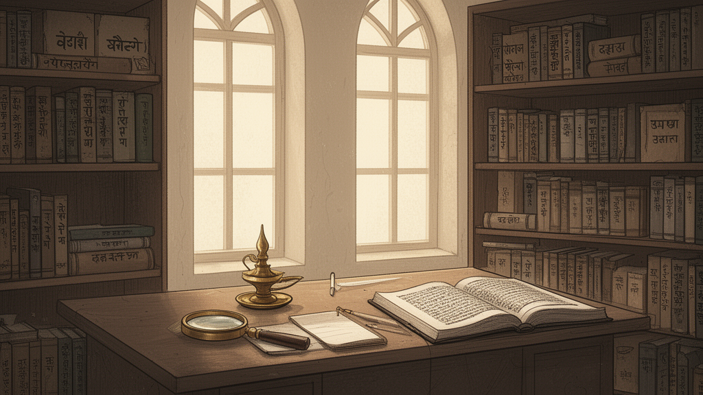An open book, notebook, and brass lamp rest on a wooden desk in a library reading room lined with old volumes.