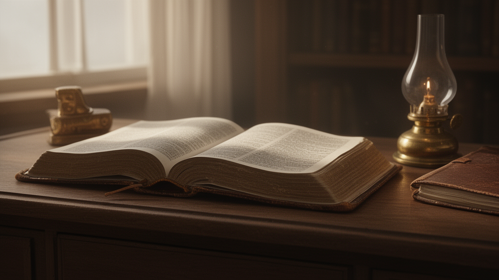 An open old leather-bound Bible on a wooden desk beside a lamp and notebook, lit by soft window light.