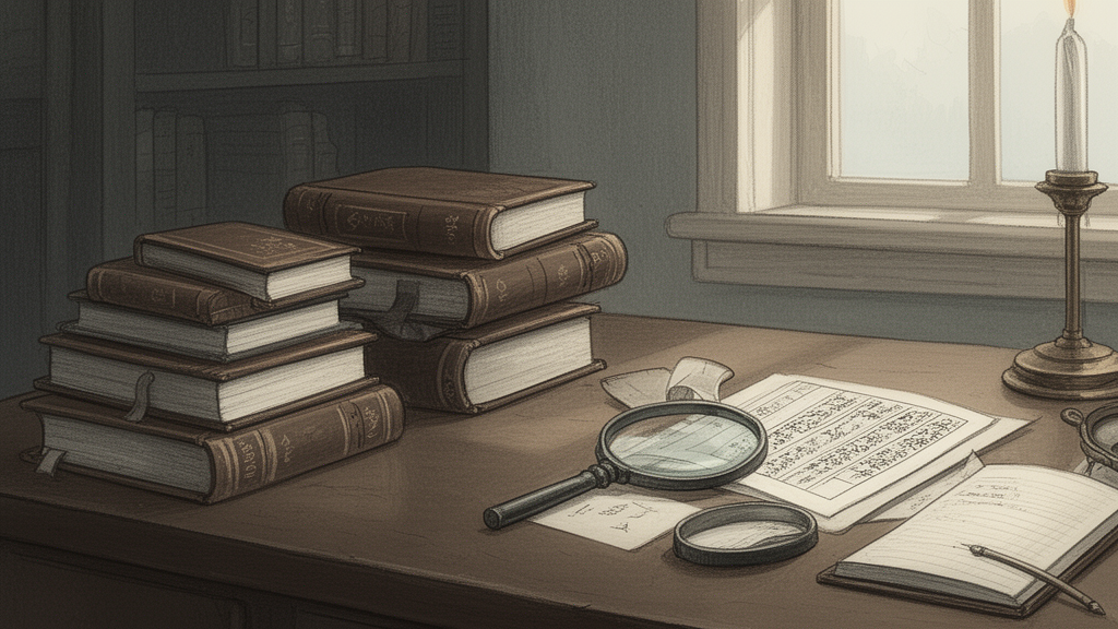 A scholar's desk with stacked translation volumes, a magnifying glass, and a notebook beside a window.