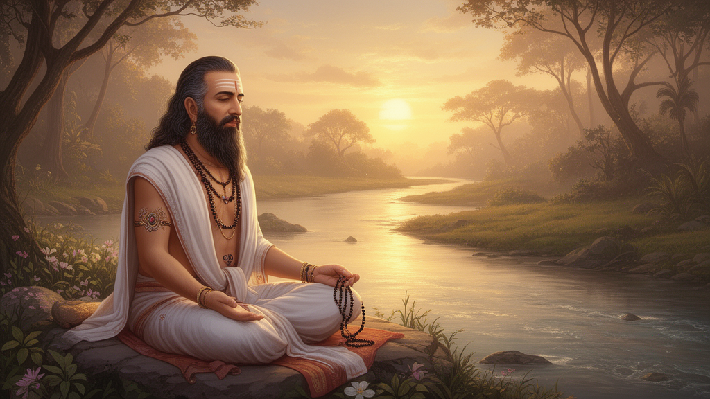 Illustration of a seated meditator with prayer beads beside a river at dawn, depicting a quiet devotional moment connected to repeated sacred words.