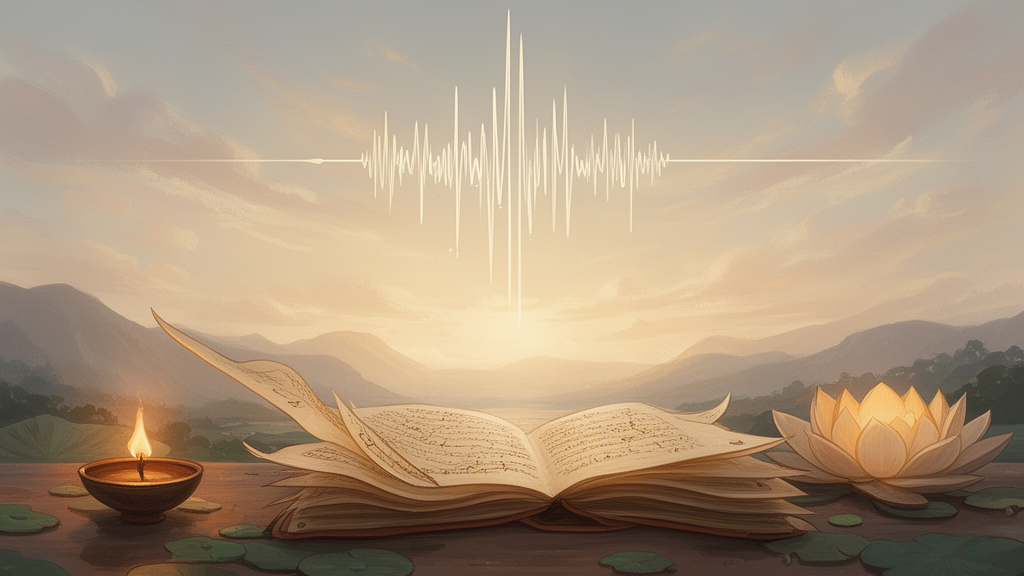 Painted scene of an open palm-leaf manuscript with light rising above it, a lotus and an oil lamp in the foreground, representing sacred speech and scripture.