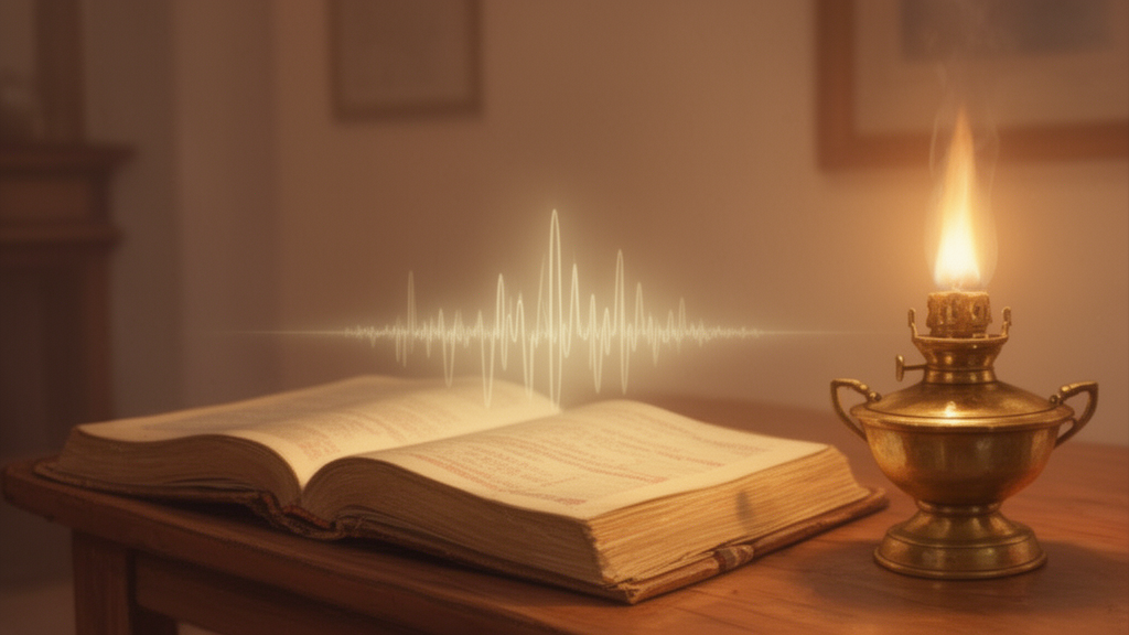 An open book and a lit brass lamp on a wooden table, suggesting quiet reading of spiritual writing.