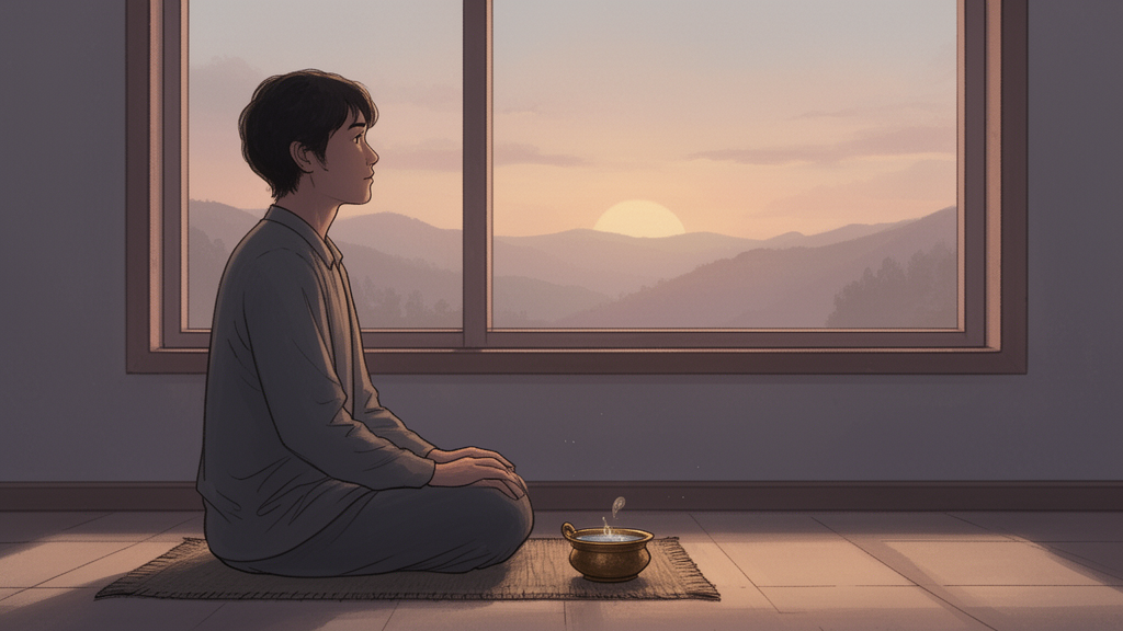 A person seated in quiet reflection beside a window at dawn, suggesting prayer or contemplation.
