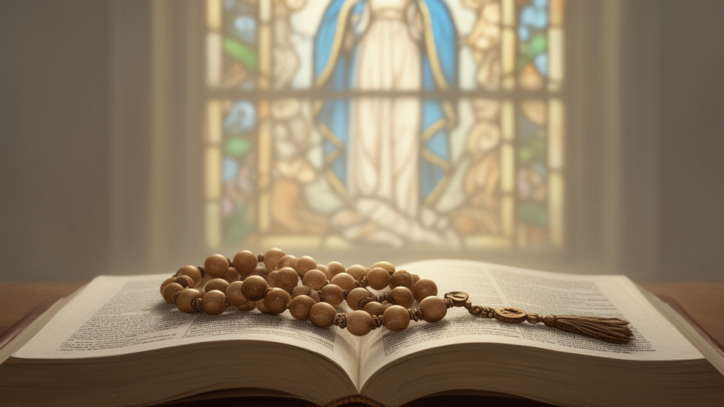 Wooden rosary beads resting on an open prayer book in soft light, with a blurred stained-glass window behind.
