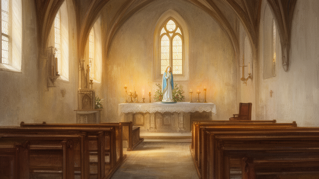 An empty chapel interior with wooden pews, candles, and a statue of the Virgin Mary at a side altar.
