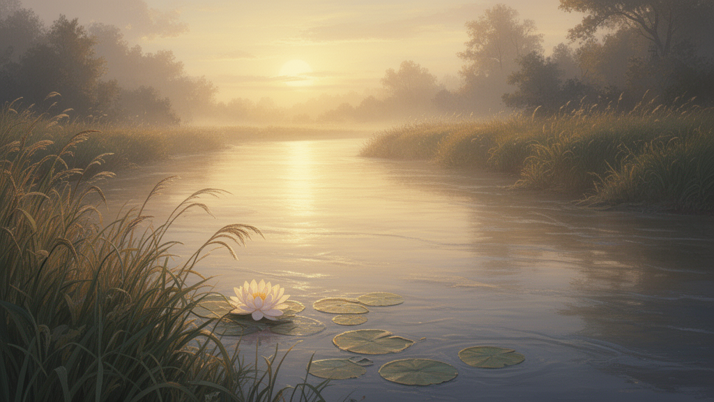 A calm river at dawn with a lotus floating near the bank and golden light on the water, suggesting quiet reflection.