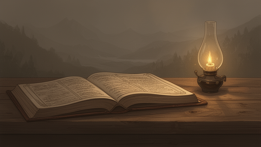 An open book beside a small oil lamp on a wooden table, suggesting scriptural study and contemplation.