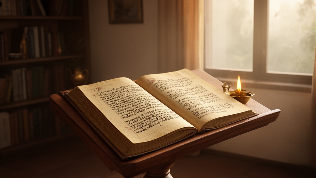 An open manuscript on a wooden lectern beside a small brass lamp in a quiet study room, suggesting careful reading of Upanishadic texts.