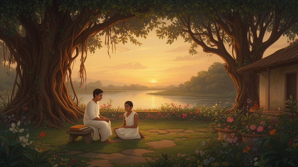 A teacher and student seated beneath a banyan tree at dusk beside a river, illustrating the traditional teacher-student setting associated with the Upanishads.