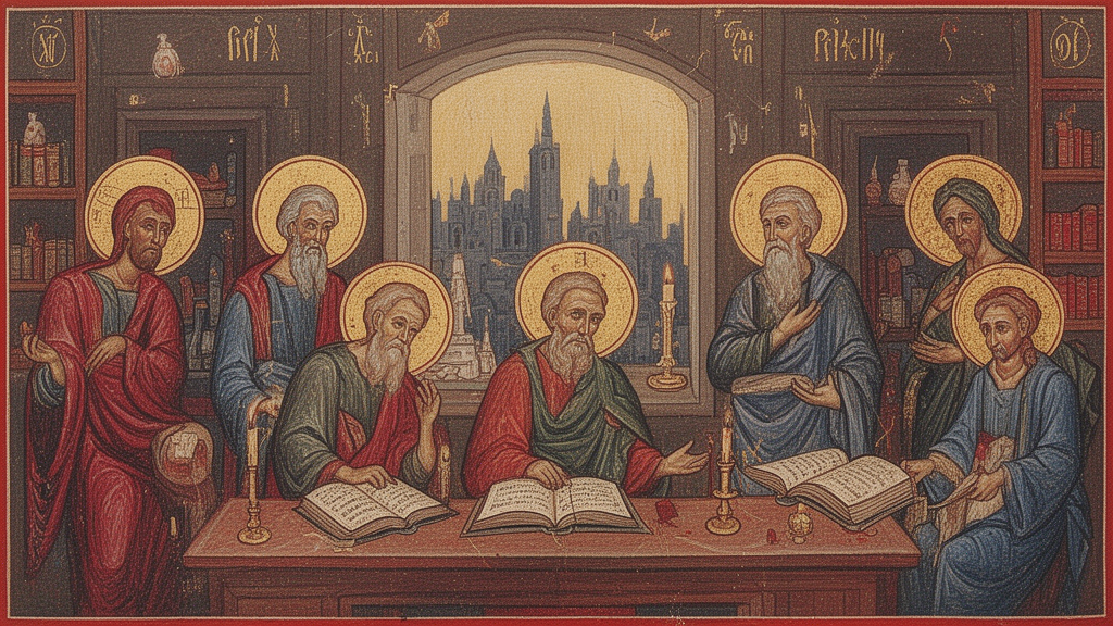 A painted icon-style scene of several seekers in a candlelit study with open books and a window onto a city skyline.