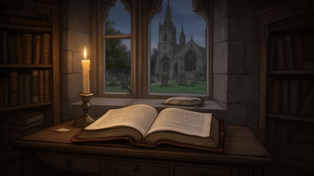 A candlelit wooden desk with an open old leather-bound book, with a window showing a quiet churchyard at dusk, illustrating a seventeenth-century English devotional study.