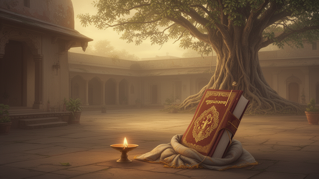 A quiet courtyard at dawn with a brass oil lamp beside a cloth-wrapped copy of the Bhagavad Gita beneath a banyan tree, representing a reverent comparison of Hindu scripture and dying.