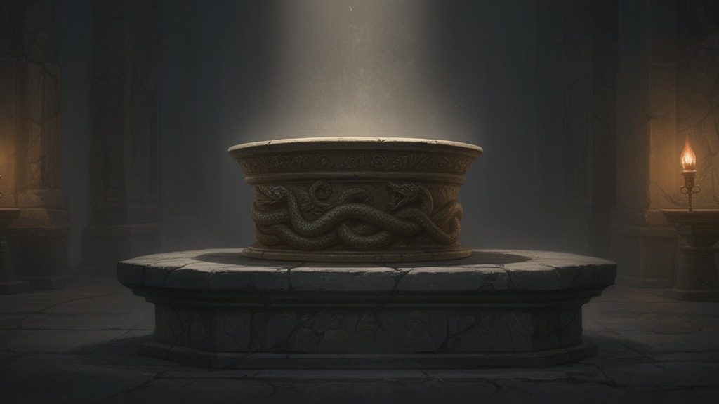 A ceremonial bowl on a stone altar in a dim chamber, with a serpent carved around its base and soft lamplight.