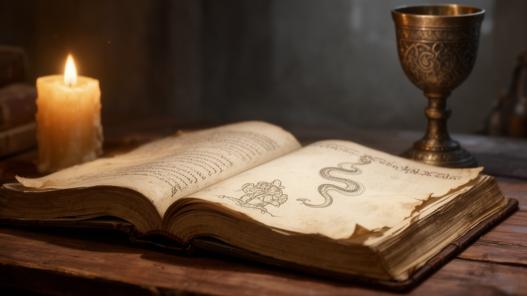 An open old book on a wooden desk beside a candle, with a faint serpent motif on the page margin and a chalice in the background.