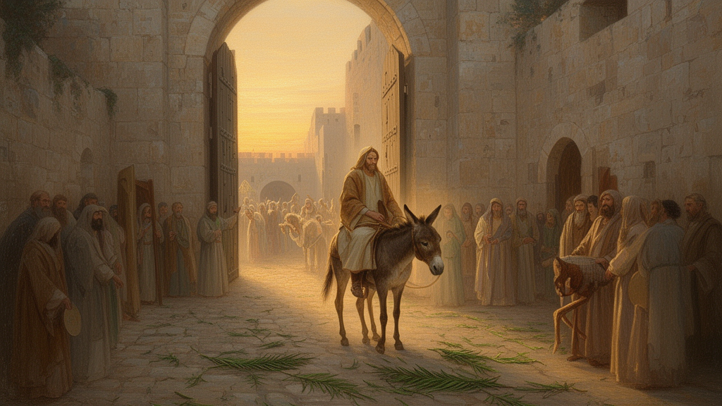 Illustration of a rider on a young donkey entering a Jerusalem city gate as people lay palm branches on the road, depicting the Palm Sunday scene that begins Holy Week.