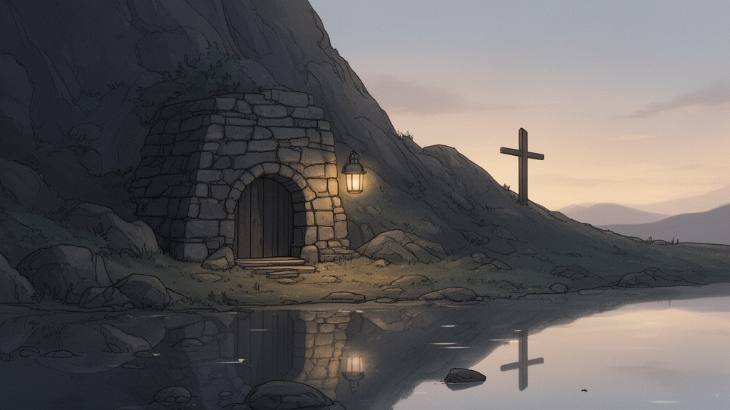 Illustration of a rocky tomb entrance at dusk with a lamp and a distant cross, representing the Holy Saturday and Easter morning part of the Holy Week story.