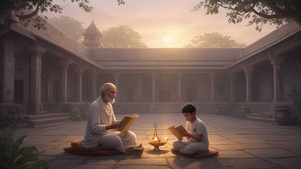 Illustration of a teacher and a young student seated in an early Indian study courtyard at dawn, reading from palm-leaf manuscripts beside a brass lamp.