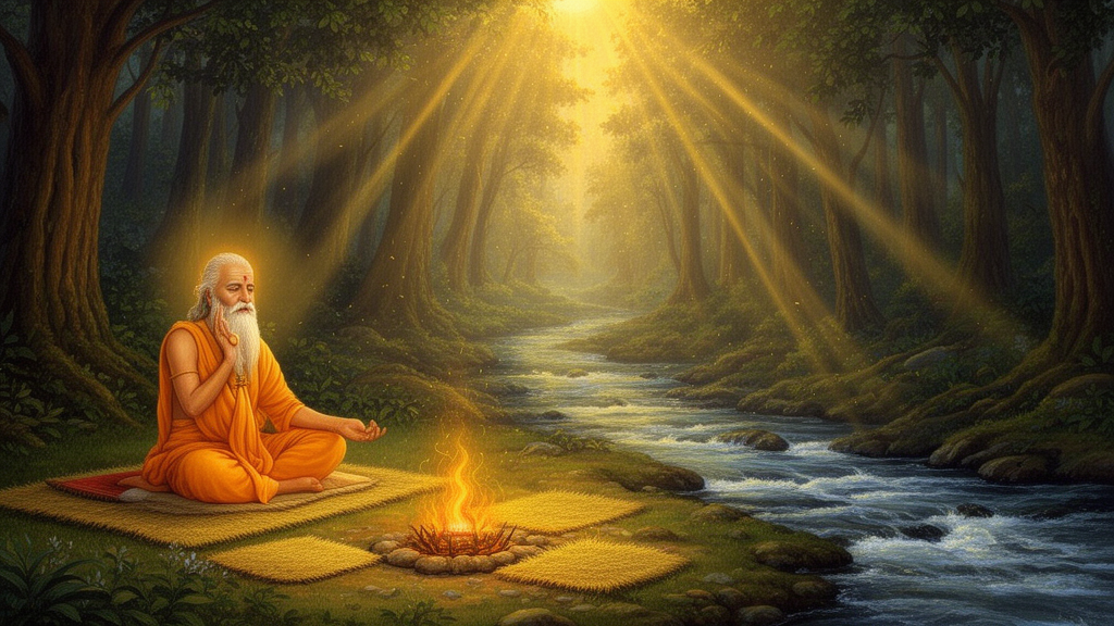 Illustration of a sage meditating in a forest hermitage beside a river, with a small sacred fire and soft golden light.