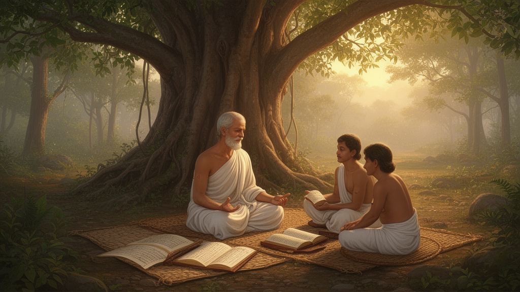 Teacher and two students seated beneath a banyan tree at dawn in a forest hermitage, with palm-leaf manuscripts nearby, illustrating traditional Upanishadic study.