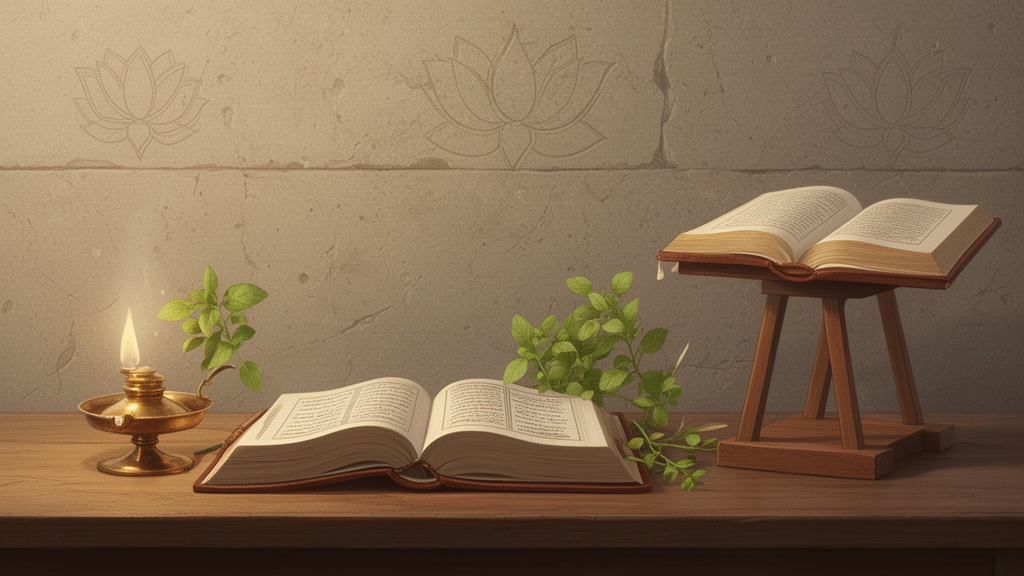 A study table with an open manuscript, brass oil lamp, and tulsi sprig beside a stone wall with lotus motifs, representing contemplative reading of the Upanishads.