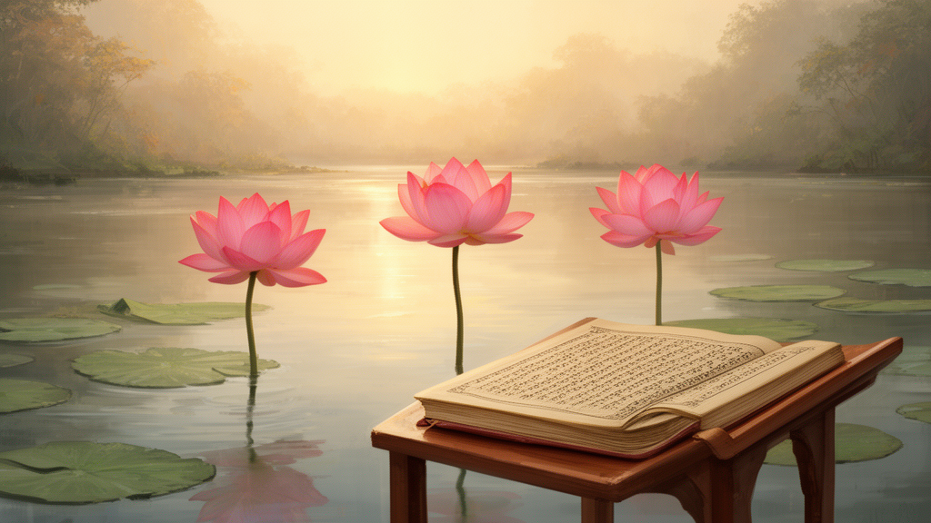 Three pink lotus blossoms rise in a row above calm water at dawn, with a closed manuscript on a wooden lectern in the foreground.