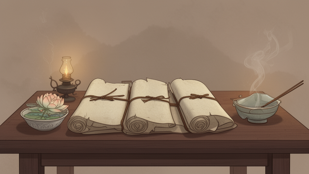 Three bound scroll manuscripts rest on a wooden table beside a lotus flower in a bowl, with a lamp and incense burning softly in the background.