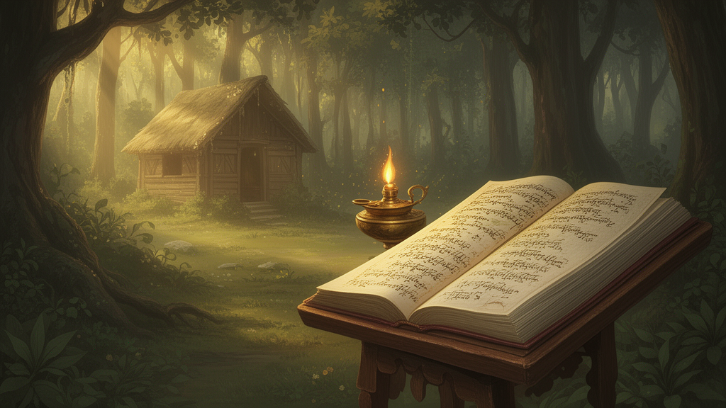An open manuscript on a lectern beside a brass oil lamp in a quiet forest hermitage, suggesting the study of Upanishadic texts.
