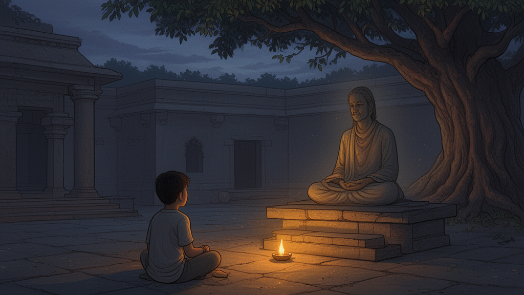 A young boy and a seated teacher in a dusky ashram courtyard, illustrating the Katha Upanishad's dialogue between Nachiketa and Yama.