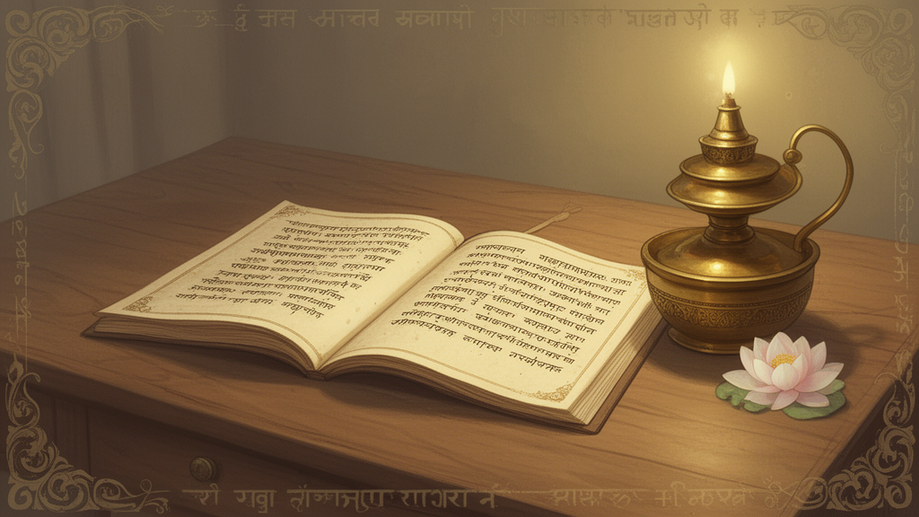 Open manuscript on a wooden desk beside a brass lamp and a lotus, suggesting the study of a Sanskrit philosophical text.