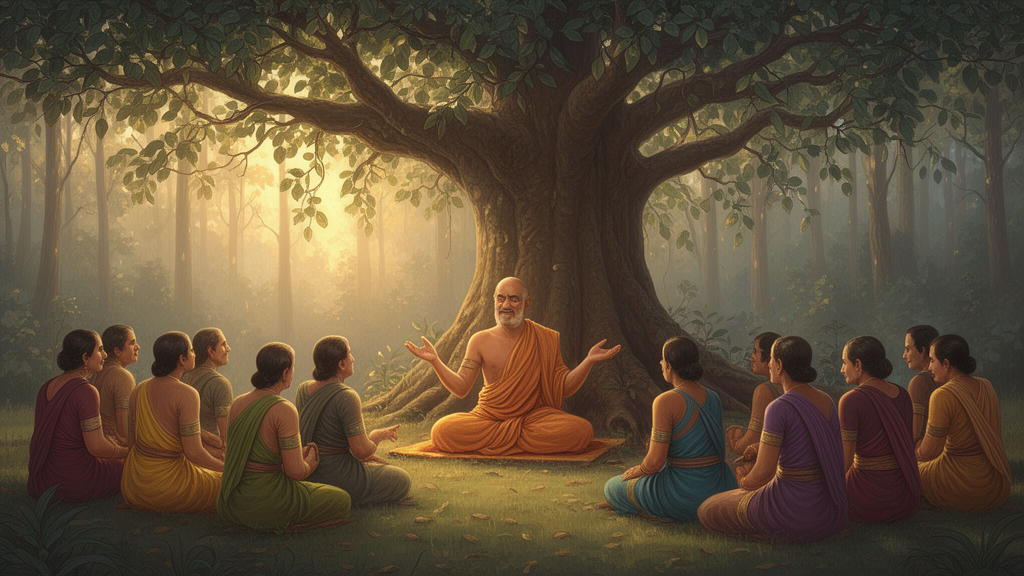 A seated teacher under a banyan tree instructing students in a quiet forest setting, representing traditional study of Vedanta.