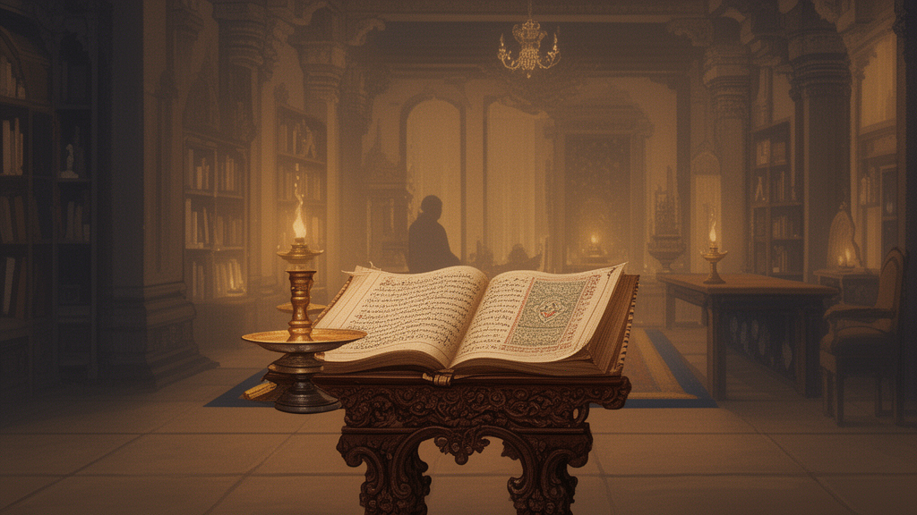 An open traditional manuscript on a wooden stand in a quiet temple study room, lit by a lamp, with a seated scholar in the background, illustrating the study of the Vedic texts.