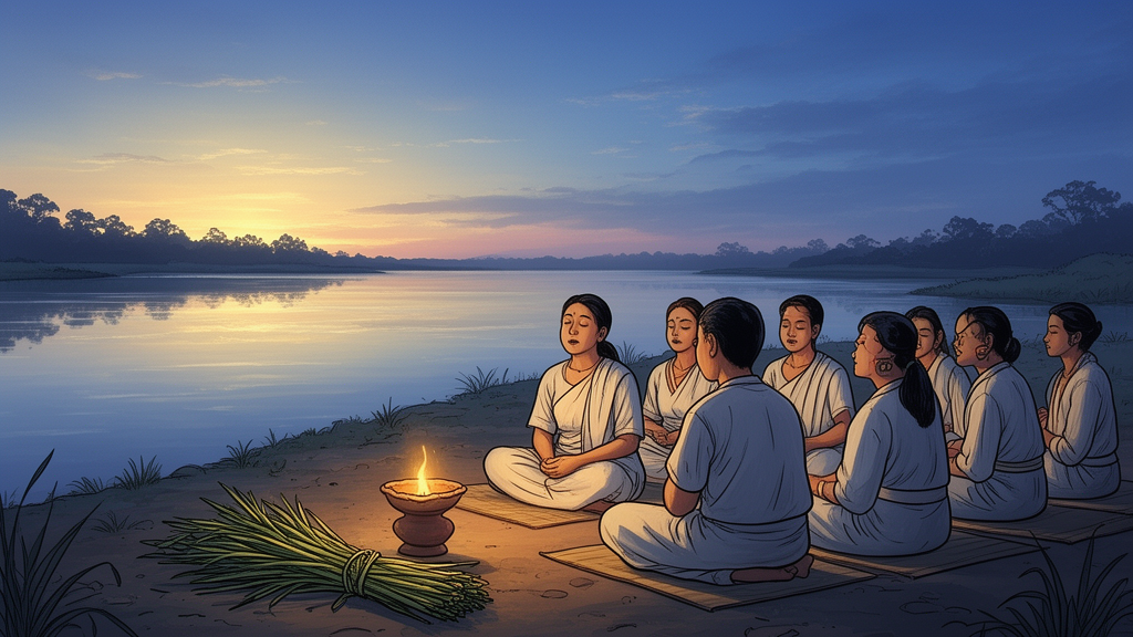 A group of students seated on a riverbank at dawn, reciting together, illustrating the oral transmission of the Vedic scriptures.