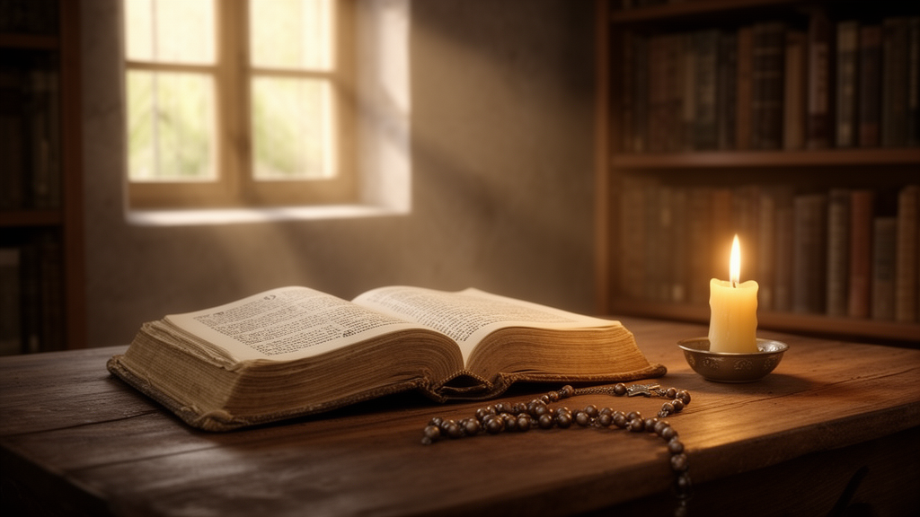 An open devotional book, a lit candle, and a simple rosary on a wooden table in a quiet library, illustrating prayer and reflection.