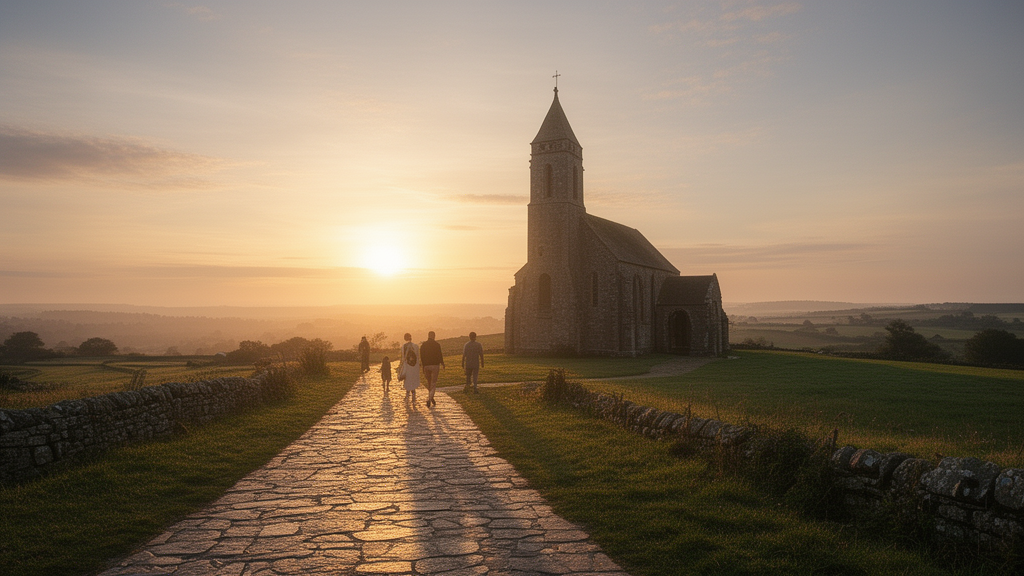 A small countryside church at sunrise with a stone path and quiet figures walking, illustrating contemplative devotion.