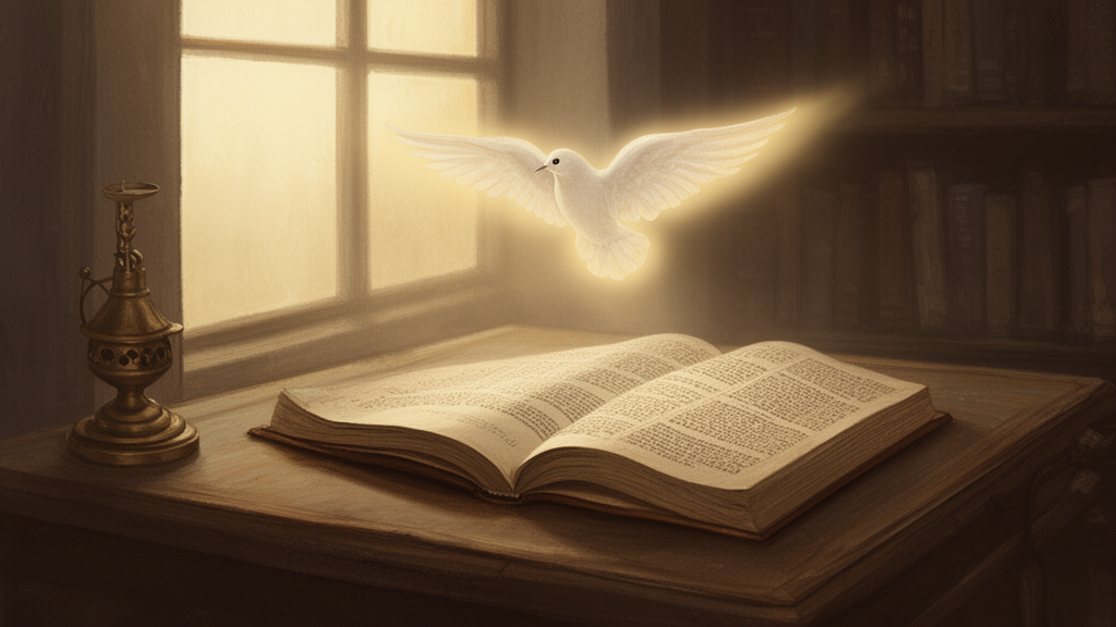 An open antique book on a wooden desk with soft window light and a gentle glowing dove shape above it, suggesting a study of the Holy Spirit.