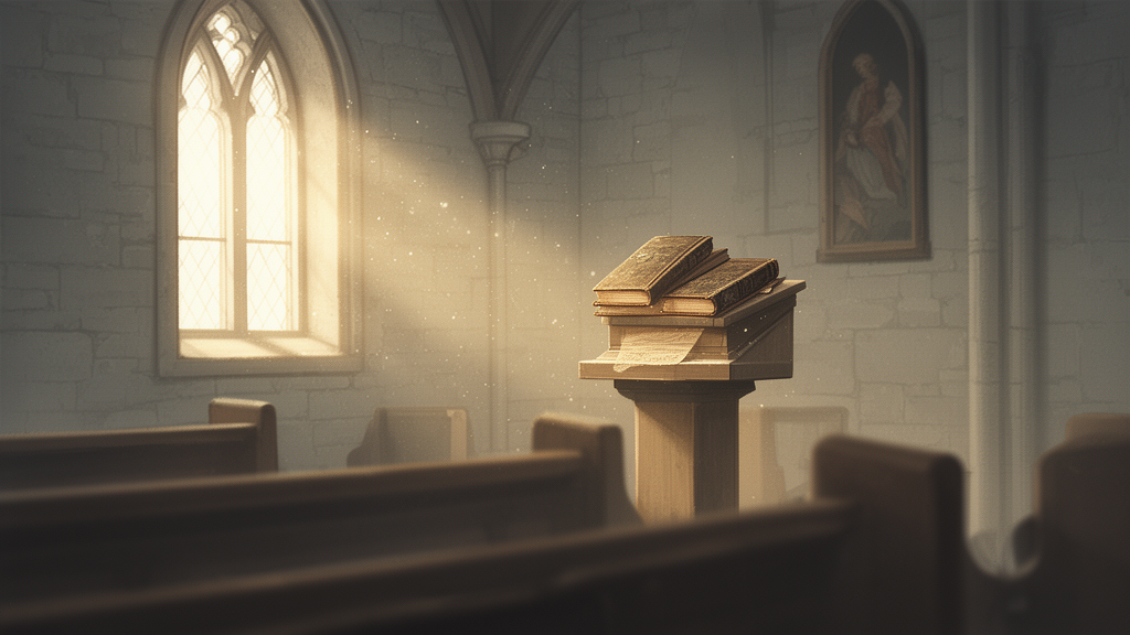 Two old bound volumes on a lectern in a quiet stone church interior beneath a tall arched window.