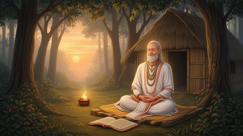A seated sage meditates at dawn in a forest hermitage beside a small lamp and an open book, illustrating yogic meditation in the Upanishadic tradition.