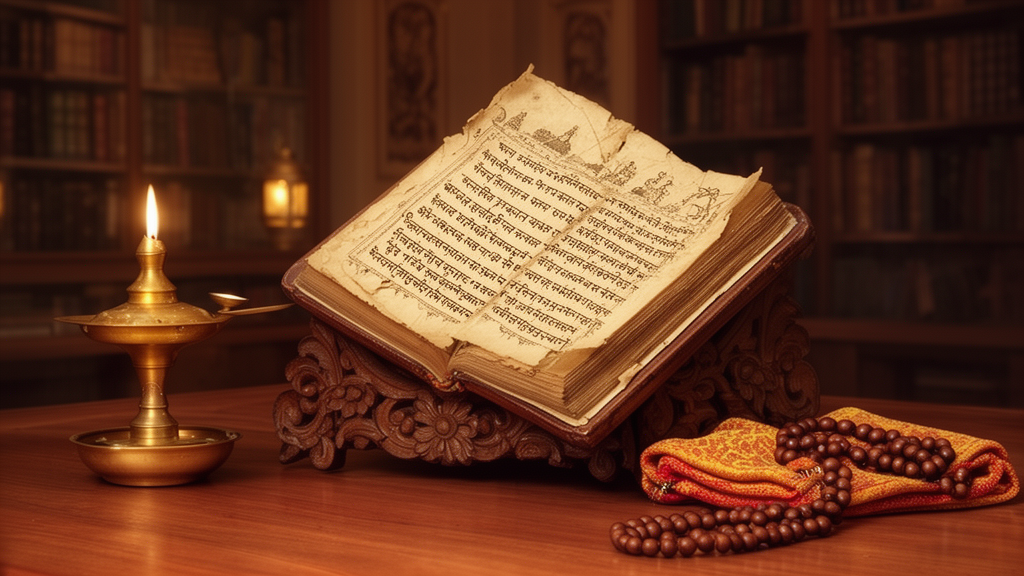 An open old manuscript on a wooden stand beside a brass lamp and prayer beads, representing the study of the Yoga Upanishads through texts and translations.
