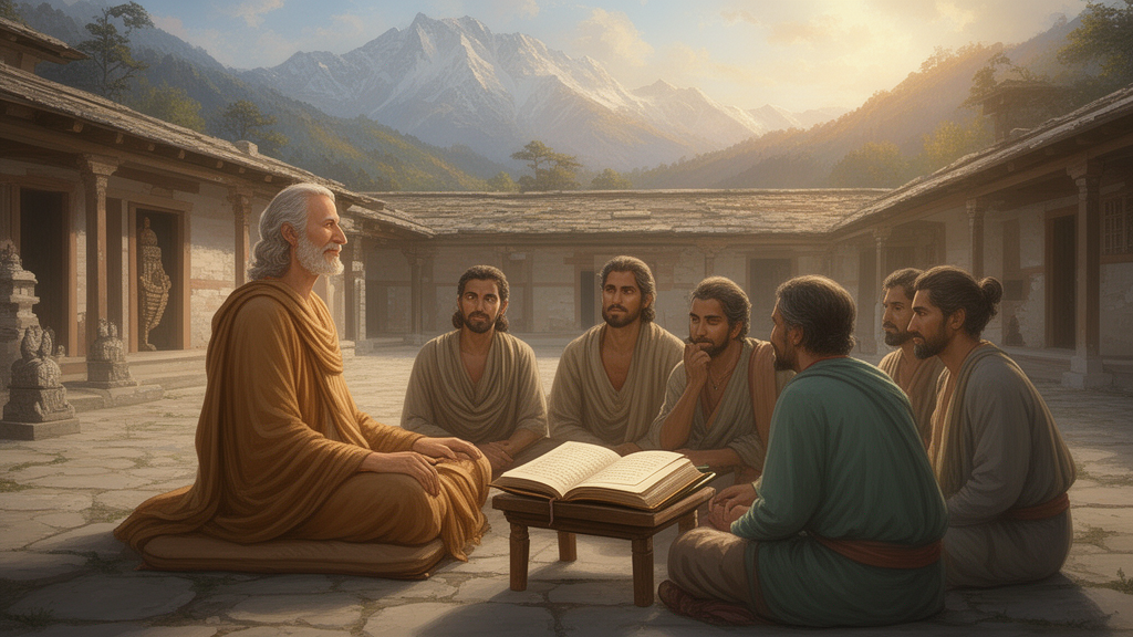 Illustration of a seated teacher with a few attentive students in a sunlit ashram courtyard, with an open book on a low stool.